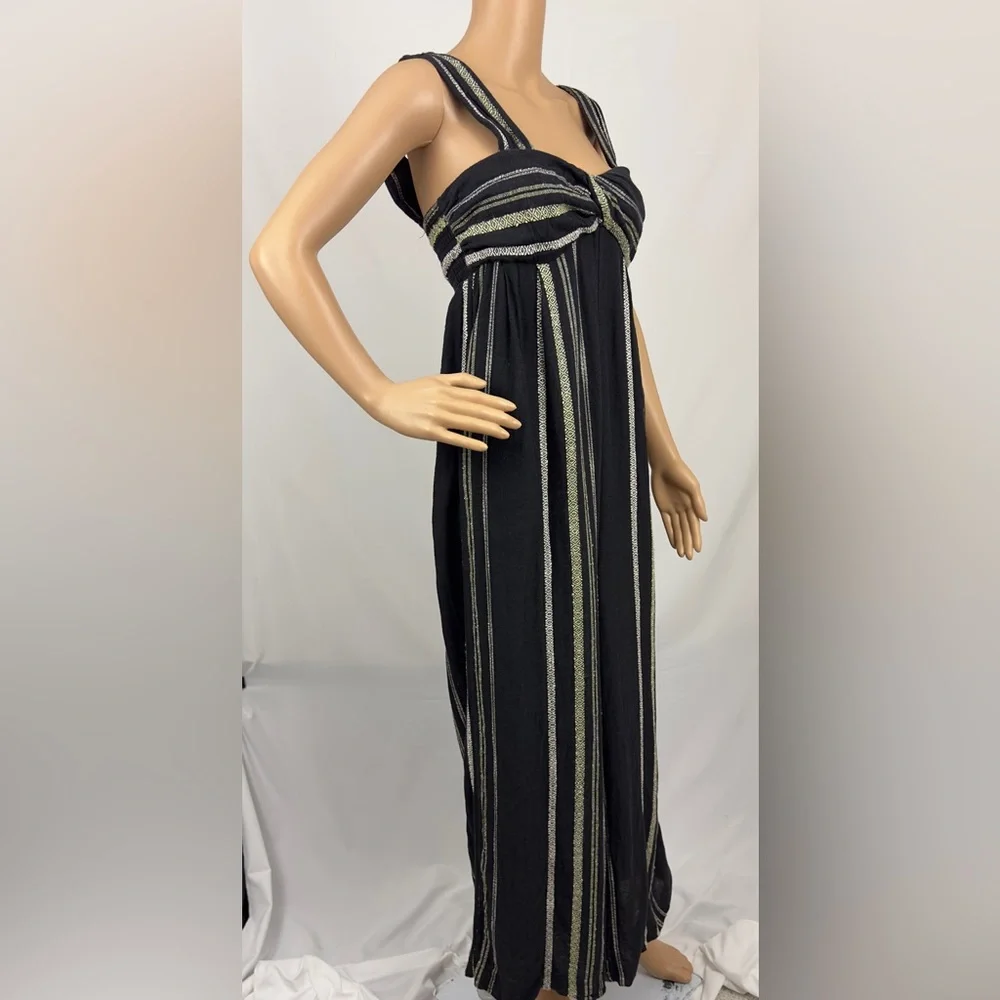 FREE PEOPLE BLACK STRIPED JUMPSUIT WIDE LEGS POCKETS TWIST FRONT SHIRRED… - Picture 4 of 10